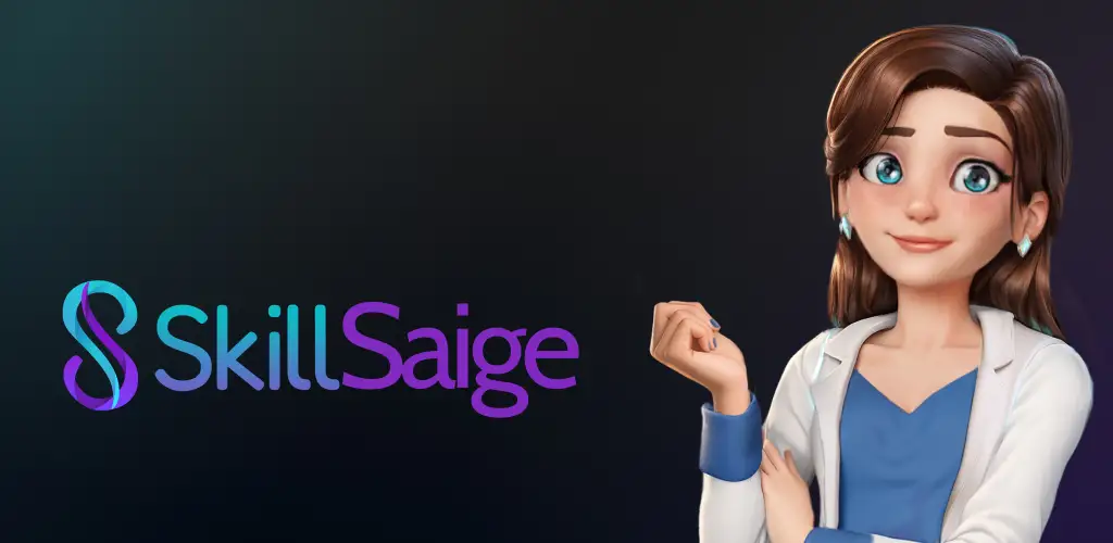 SkillSaige artwork featuring the virtual trainer against a dark blue background.